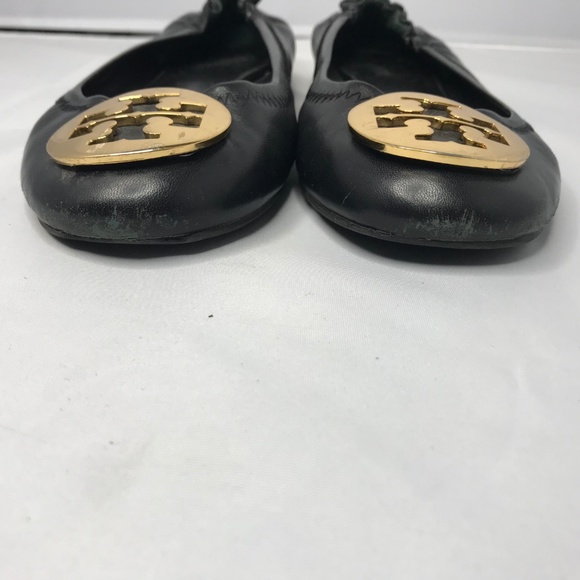 Tory Burch Reva Black Ballet Flats Gold Emblem 8 - Picture 6 of 6